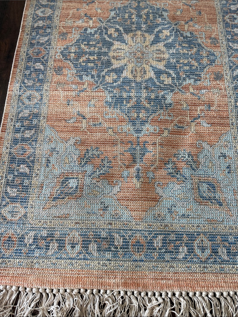 Vintage-Style Runner Rug in Coral & Dusty Blue 2x8” - Picture 2 of 7